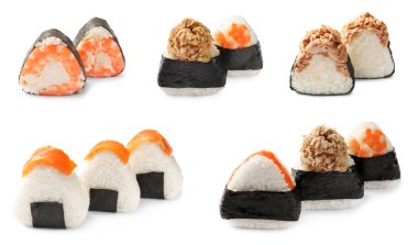 Beyaz arka planda leziz onigiri, kolaj. Japon yemeği