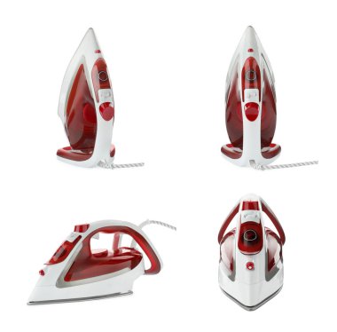 Elektrikli giysi demiri beyaza izole edilmiş, kolaj. Ev aletleri