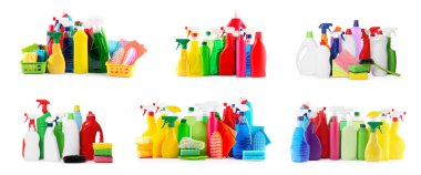 Beyaz arka planda farklı temizlik ürünleri, kolaj