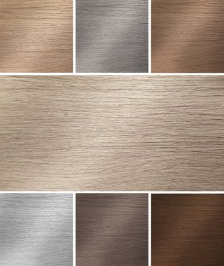 Saç rengi paleti. Farklı tonlara boyanmış saç örnekleriyle kolaj