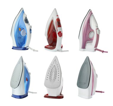 Elektrikli giysiler beyaz üzerine izole edilmiş ütü seti. Ev aletleri