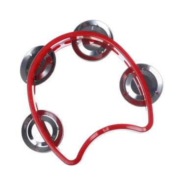 Kırmızı oyuncak tef beyaza izole edilmiş. Çocukların müzik aleti.