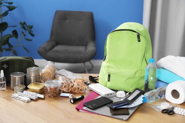 Hayatta kalma kiti. İçerideki ahşap masada farklı acil durum malzemeleri var.