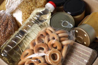 Arka plan olarak farklı gıda ürünleri, üst görünüm