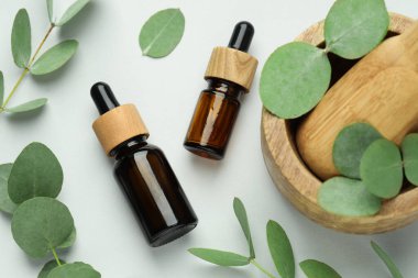 Beyaz zemin üzerinde gerekli yağ, okaliptüs yaprakları, harç ve tokmak şişeleri, düz yatıyordu.