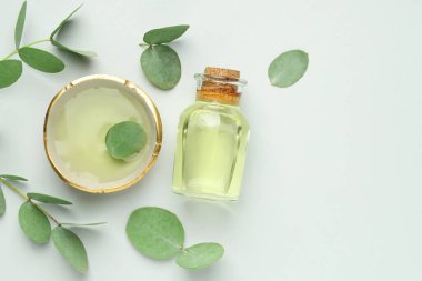 Beyaz arka planda bir şişe yağ, kase ve okaliptüs yaprağı, düz bir zemin. Metin için boşluk