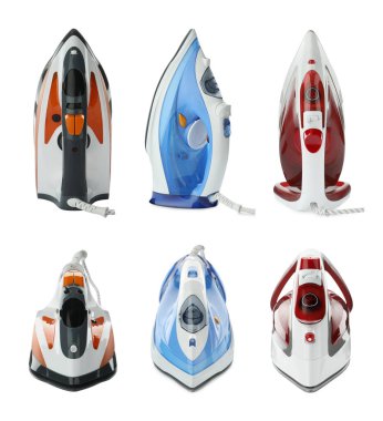 Elektrikli giysiler beyaz üzerine izole edilmiş ütü seti. Ev aletleri