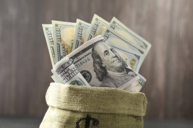 Bulanık arka planda dolar banknotları olan para çantası, yakın plan