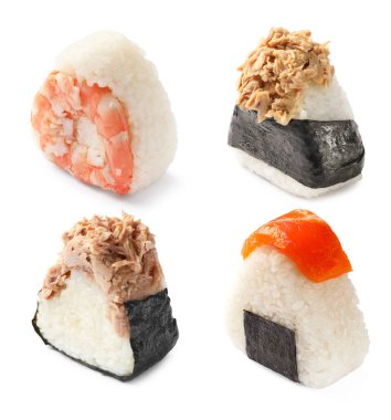 Beyaz arka planda leziz onigiri, kolaj. Japon yemeği