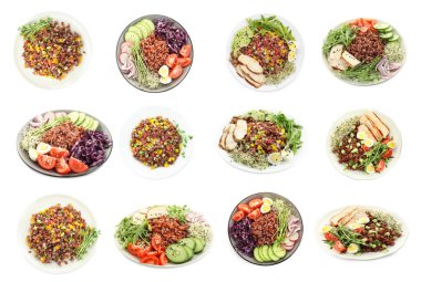 Lezzetli salatalar. Kahverengi pirinçler beyaz sette.