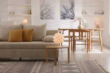 Şık mobilyaları olan güzel bir oturma odası. İç tasarım