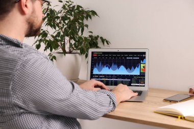 Borsa. Bilgisayardaki finansal piyasayı analiz eden adam, kapalı alanda, yakın planda.