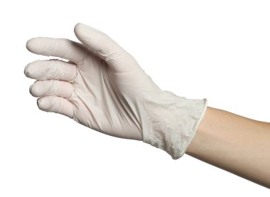 Beyaz arka planda tıp eldivenli doktor, yakın plan.