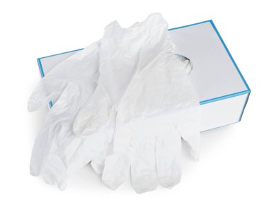 Tıbbi eldivenli kutu beyaza izole edilmiş, yukarıda.