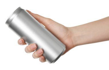 Beyaz arka planda teneke kutusu olan kadın, yakın plan.