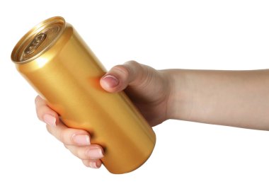 Beyaz arka planda teneke kutusu olan kadın, yakın plan.