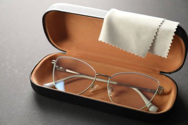 Gri arka planda şık gözlüklü ve temizlik bezli çanta, yakın plan.