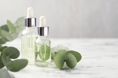 Gerekli yağ ve okaliptüs yaprakları beyaz mermer masanın üzerinde, yakın plan. Metin için boşluk