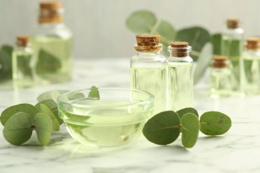 Yağ şişeleri, kase ve okaliptüs yaprakları beyaz mermer masanın üzerinde, yakın plan.