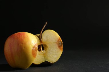 Siyah arka planda çürük elma parçaları, yakın plan. Metin için boşluk