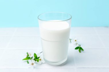 Açık mavi arka planda beyaz fayanslı masada bir bardak taze süt ve çiçek.
