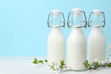 Taze süt ve çiçekler beyaz masada açık mavi arka planda. Metin için boşluk