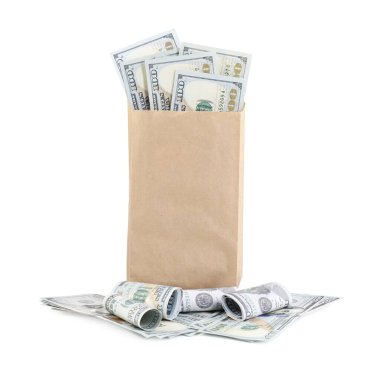 Beyaz üzerine izole edilmiş para dolu kağıt torba.