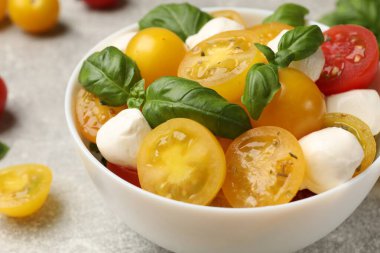 Sarı domatesli taze salata, fesleğen ve mozzarella peyniri gri masada, yakın plan.