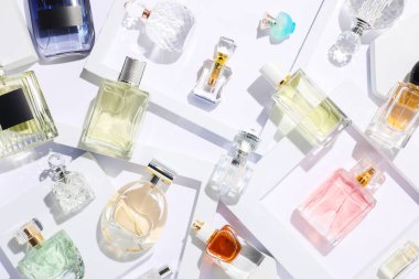 Beyaz arka planda farklı lüks parfümler, düz yatış