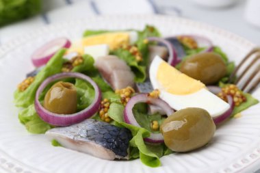 Ringa balıklı lezzetli salata, yumurta, hardal ve sebze tabakta, yakın plan.