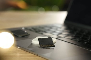 SD hafıza kartları, tutucu ve dizüstü bilgisayar ahşap masada, yakın plan