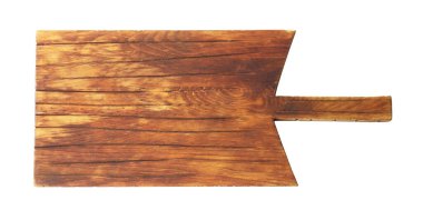 Bir tahta servis tahtası beyaza izole edilmiş, üst manzara. Metin için boşluk