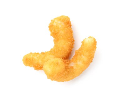 İki lezzetli tempura karidesi beyaza izole edilmiş, üst manzara.