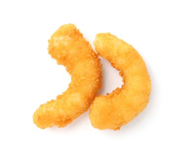 İki lezzetli tempura karidesi beyaza izole edilmiş, üst manzara.