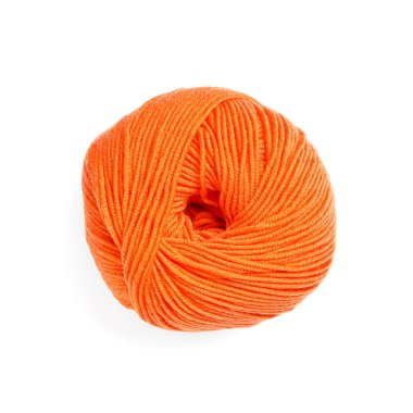 Orange woolen yarn isolated on white, top view