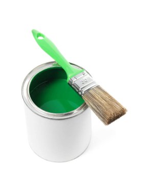 Can of green paint and brush isolated on white