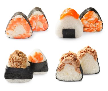 Beyaz arka planda leziz onigiri, kolaj. Japon yemeği