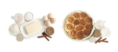 Tarçınlı rulo ve malzemeler beyaz sette izole edilmiş. Üst görünüm