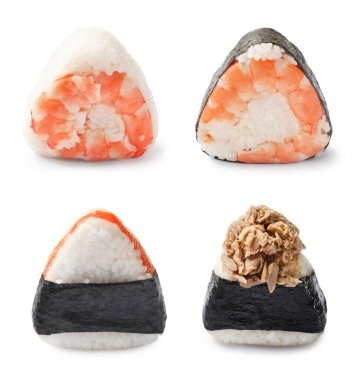 Beyaz arka planda leziz onigiri, kolaj. Japon yemeği