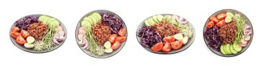 Lezzetli salata ve beyaz pirinç, kolaj.