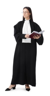 Beyaz arkaplan üzerine kitabı olan hakimin tam boy portresi