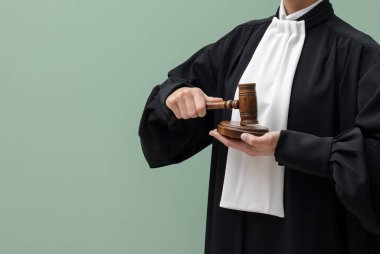 Açık yeşil arka planda tokmak ve ses engeli olan yargıç, yakın plan. Metin için boşluk