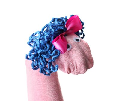 Beyaz saçlı, komik çorap kuklası.