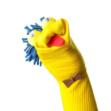 Beyaz saçlı, komik çorap kuklası.