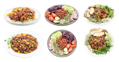 Lezzetli salatalar. Kahverengi pirinçler beyaz sette.