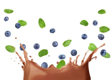 Çikolata sıçraması, yaban mersini ve nane yaprakları beyaz arka planda