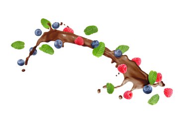 Çikolata sıçraması, böğürtlen ve nane yaprakları beyaz arka planda havada