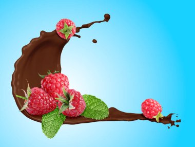 Açık mavi arkaplanda çikolata sıçraması ve ahududu.