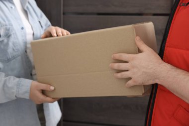 Kurye içerideki alıcıya paket veriyor, yakın plan.