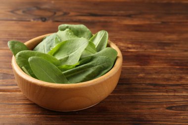 Tahta masadaki kasede taze yeşil kuş yaprakları, yakın plan. Metin için boşluk